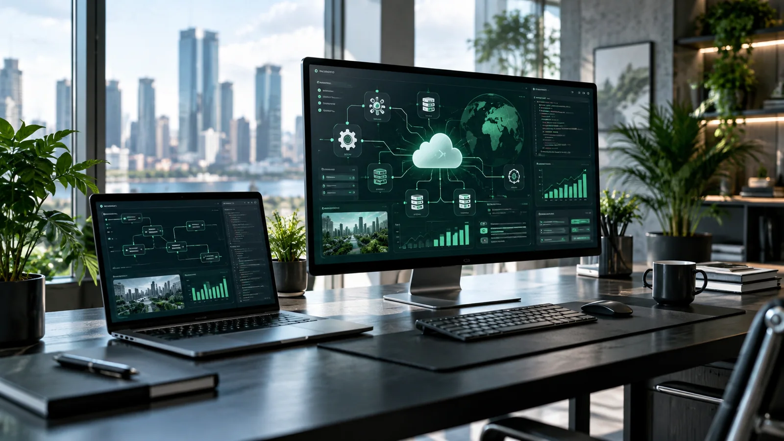 Modern business software development workspace with connected cloud, automation and analytics dashboards