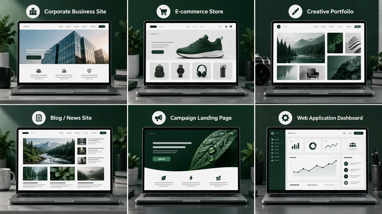 Six common types of business websites displayed across modern laptop interfaces