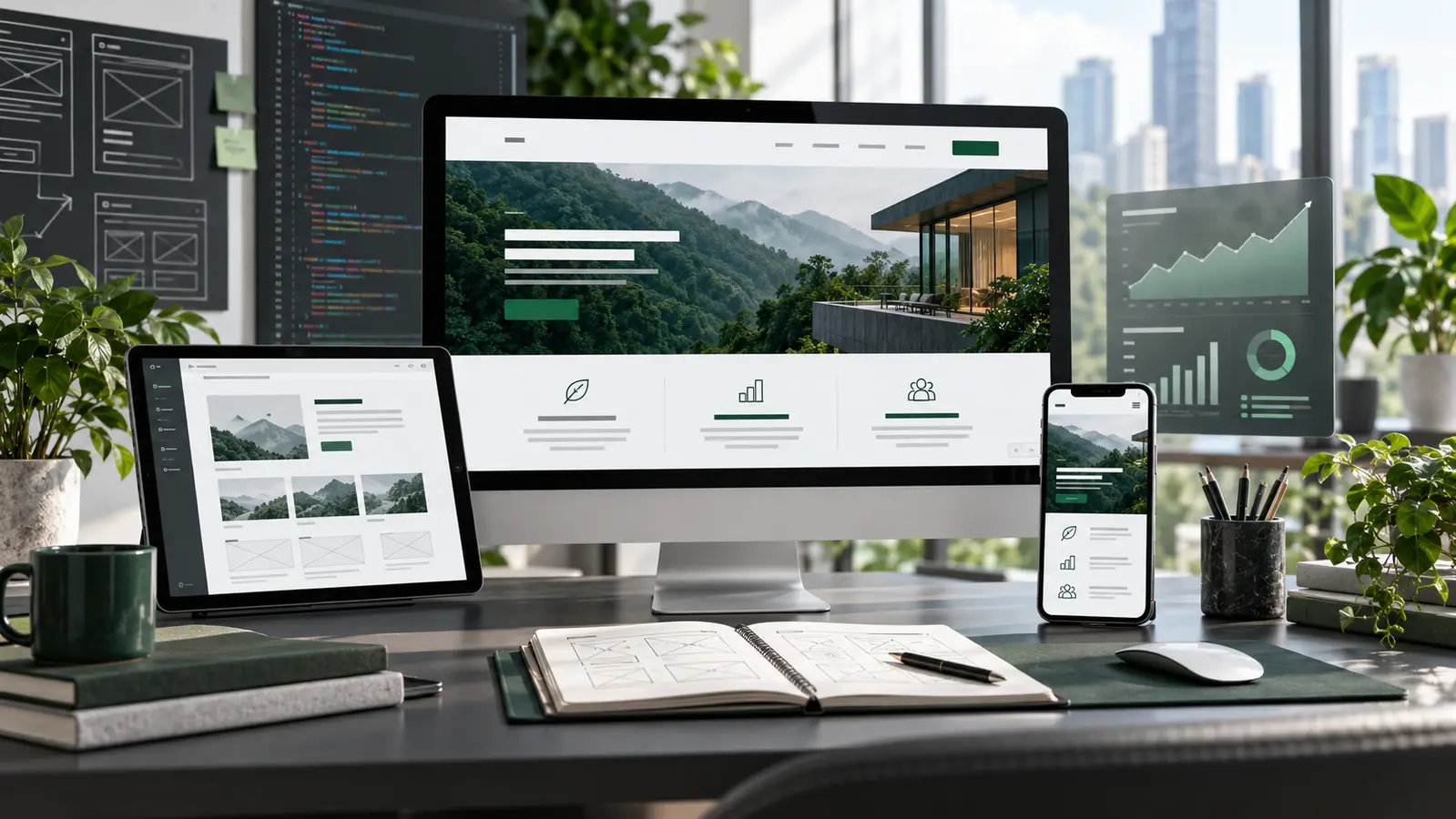 Responsive business website development displayed across desktop, tablet and mobile devices